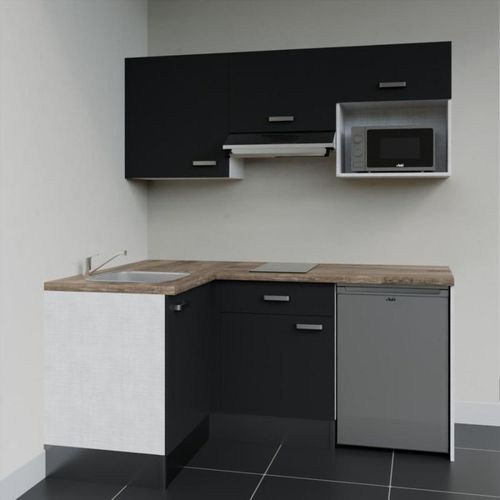 Kitchenette D'angle Ka03l-pt-façade Noir-plan Bois-evier Inox-crédences Non+electro Inox