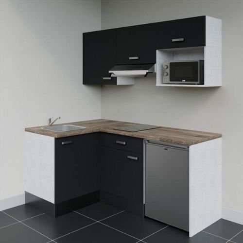 Kitchenette D'angle Ka03l-pt-façade Noir-plan Bois-evier Inox-crédences Non+electro Inox