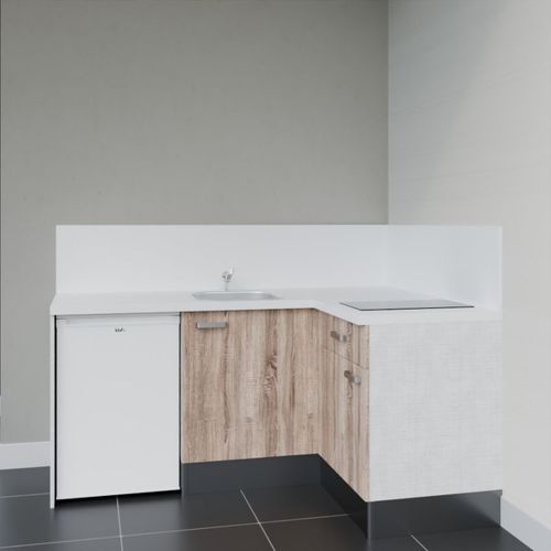 Kitchenette D'angle Ka01l-pt-façade Bois-plan Blanc-evier Inox-crédences Oui+electro Blanc