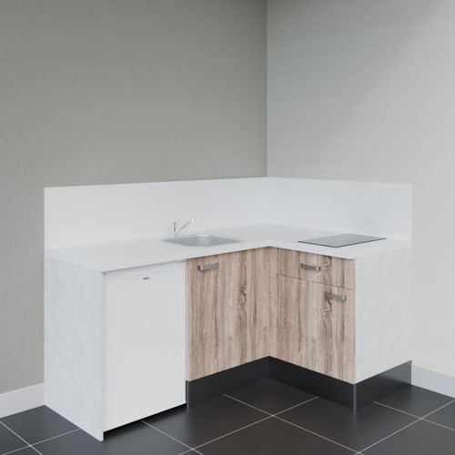 Kitchenette D'angle Ka01l-pt-façade Bois-plan Blanc-evier Inox-crédences Oui+electro Blanc