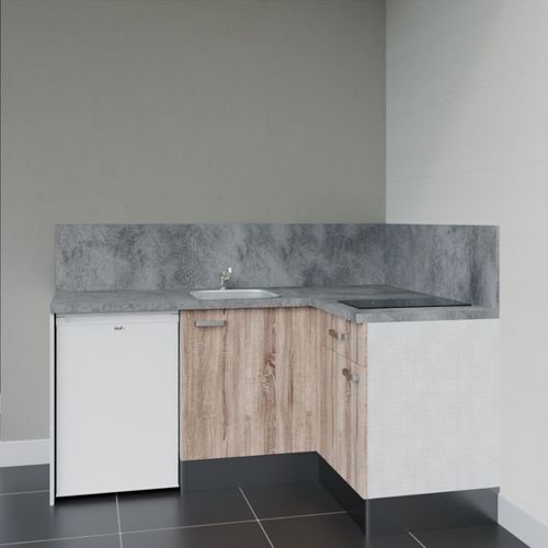 Kitchenette D'angle Ka01l-pt-façade Bois-plan Gris Béton-evier Inox-crédences Oui+electro Blanc