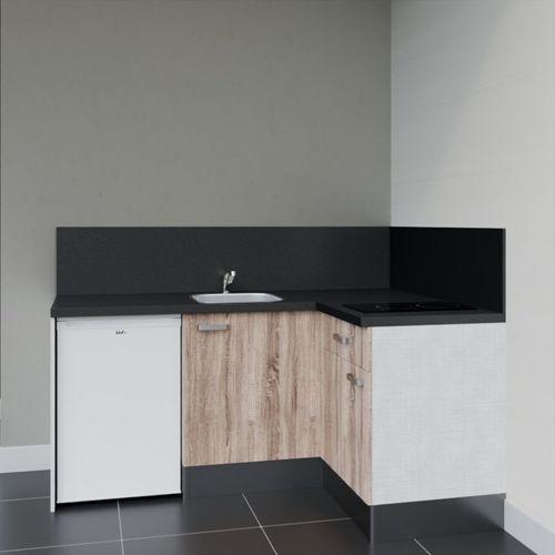 Kitchenette D'angle Ka01l-pt-façade Bois-plan Noir Texturé-evier Inox-crédences Oui+electro Blanc