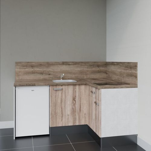 Kitchenette D'angle Ka01l-pt-façade Bois-plan Bois-evier Inox-crédences Oui+electro Blanc