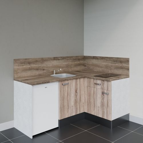 Kitchenette D'angle Ka01l-pt-façade Bois-plan Bois-evier Inox-crédences Oui+electro Blanc
