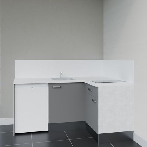 Kitchenette D'angle Ka01l-pt-façade Gris-plan Blanc-evier Inox-crédences Oui+electro Blanc