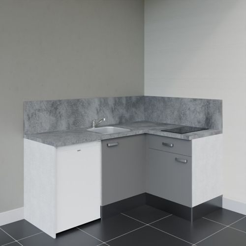 Kitchenette D'angle Ka01l-pt-façade Gris-plan Gris Béton-evier Inox-crédences Oui+electro Blanc
