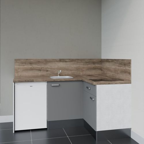 Kitchenette D'angle Ka01l-pt-façade Gris-plan Bois-evier Inox-crédences Oui+electro Blanc
