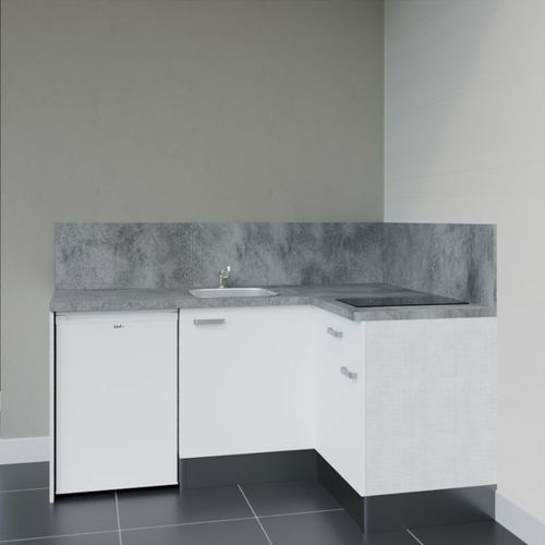 Kitchenette D'angle Ka01l-pt-façade Blanc-plan Gris Béton-evier Inox-crédences Oui+electro Blanc
