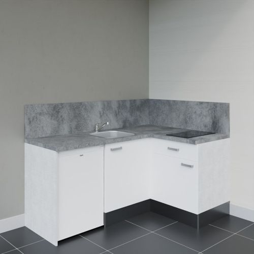 Kitchenette D'angle Ka01l-pt-façade Blanc-plan Gris Béton-evier Inox-crédences Oui+electro Blanc