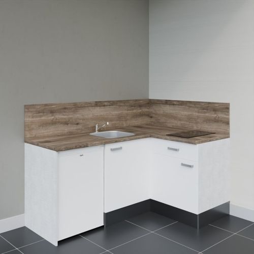 Kitchenette D'angle Ka01l-pt-façade Blanc-plan Bois-evier Inox-crédences Oui+electro Blanc