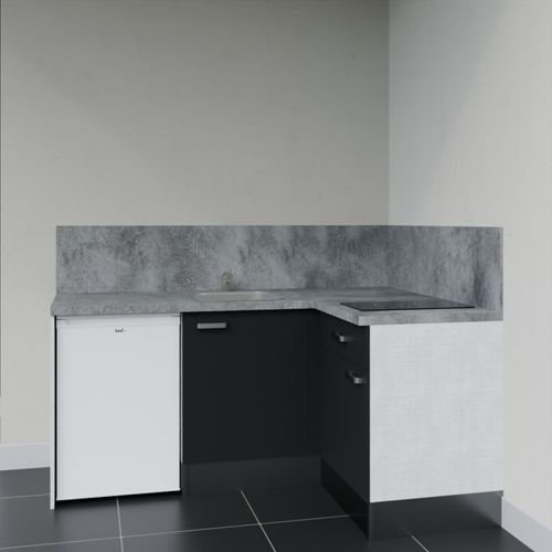 Kitchenette D'angle Ka01l-pt-façade Noir-plan Gris Béton-evier Inox-crédences Oui+electro Blanc