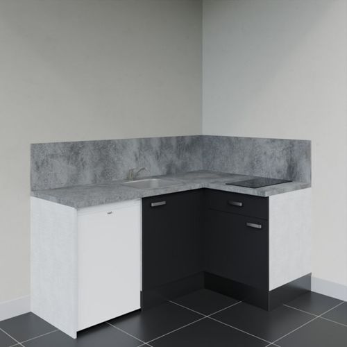 Kitchenette D'angle Ka01l-pt-façade Noir-plan Gris Béton-evier Inox-crédences Oui+electro Blanc