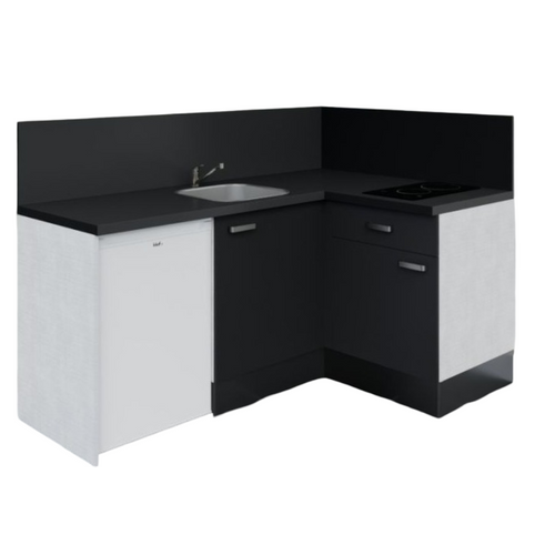Kitchenette D'angle Ka01l-pt-façade Noir-plan Noir Texturé-evier Inox-crédences Oui+electro Blanc