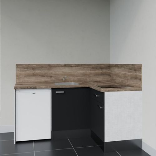 Kitchenette D'angle Ka01l-pt-façade Noir-plan Bois-evier Inox-crédences Oui+electro Blanc