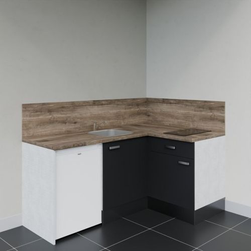 Kitchenette D'angle Ka01l-pt-façade Noir-plan Bois-evier Inox-crédences Oui+electro Blanc