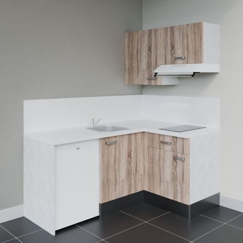 Kitchenette D'angle Ka02l-pt-façade Bois-plan Blanc-evier Inox-crédences Oui+electro Blanc