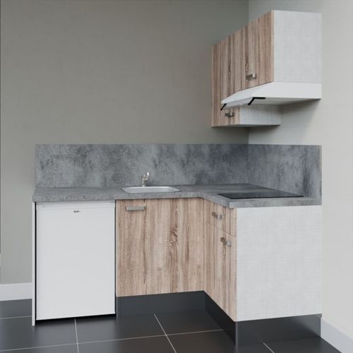 Kitchenette D'angle Ka02l-pt-façade Bois-plan Gris Béton-evier Inox-crédences Oui+electro Blanc