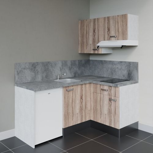 Kitchenette D'angle Ka02l-pt-façade Bois-plan Gris Béton-evier Inox-crédences Oui+electro Blanc