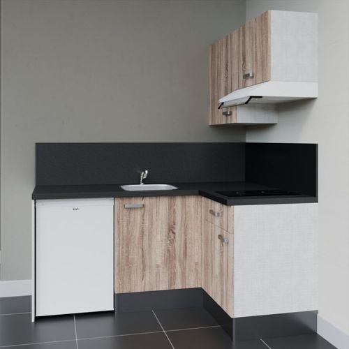 Kitchenette D'angle Ka02l-pt-façade Bois-plan Noir Texturé-evier Inox-crédences Oui+electro Blanc