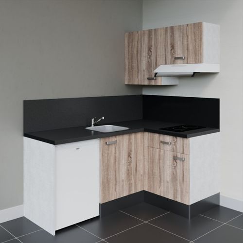 Kitchenette D'angle Ka02l-pt-façade Bois-plan Noir Texturé-evier Inox-crédences Oui+electro Blanc