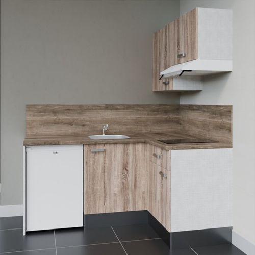 Kitchenette D'angle Ka02l-pt-façade Bois-plan Bois-evier Inox-crédences Oui+electro Blanc