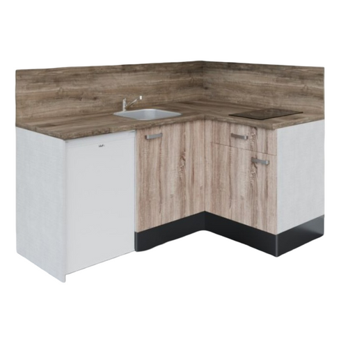 Kitchenette D'angle Ka02l-pt-façade Bois-plan Bois-evier Inox-crédences Oui+electro Blanc