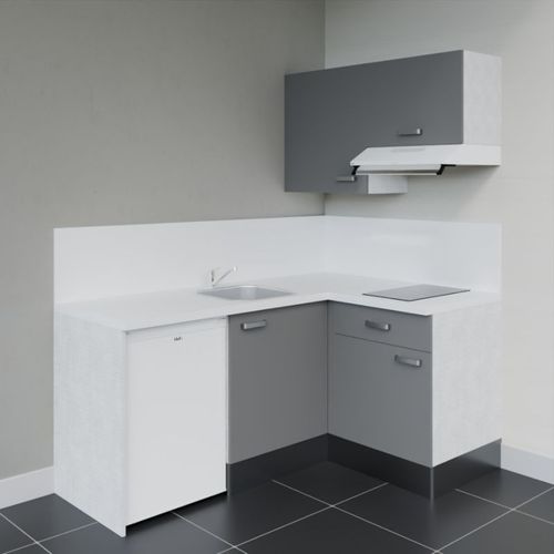 Kitchenette D'angle Ka02l-pt-façade Gris-plan Blanc-evier Inox-crédences Oui+electro Blanc