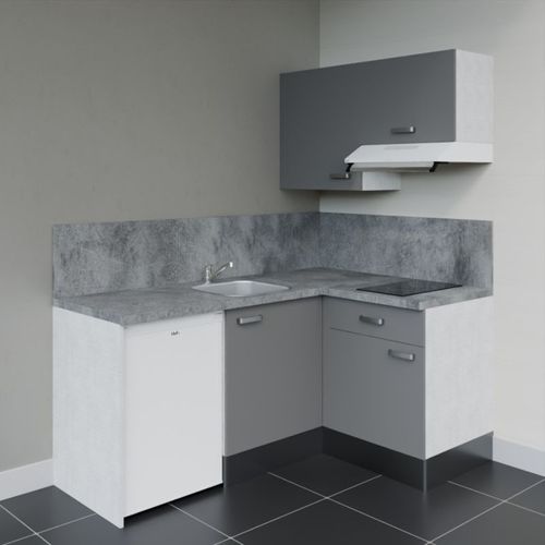 Kitchenette D'angle Ka02l-pt-façade Gris-plan Gris Béton-evier Inox-crédences Oui+electro Blanc