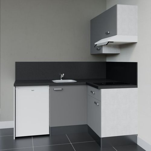 Kitchenette D'angle Ka02l-pt-façade Gris-plan Noir Texturé-evier Inox-crédences Oui+electro Blanc