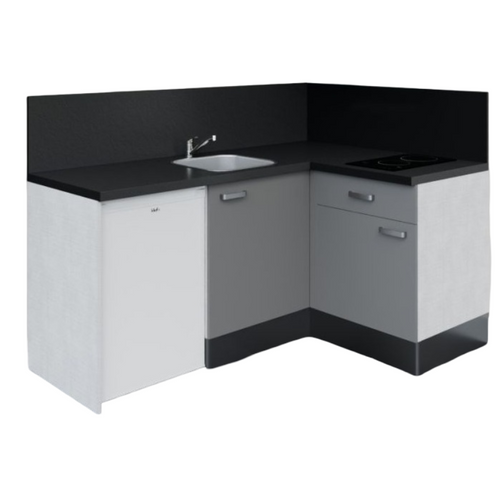 Kitchenette D'angle Ka02l-pt-façade Gris-plan Noir Texturé-evier Inox-crédences Oui+electro Blanc