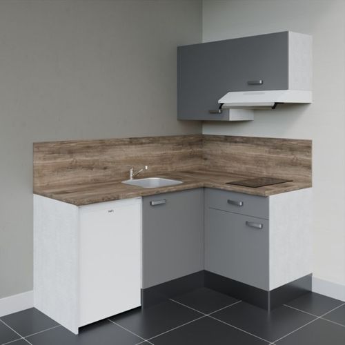 Kitchenette D'angle Ka02l-pt-façade Gris-plan Bois-evier Inox-crédences Oui+electro Blanc