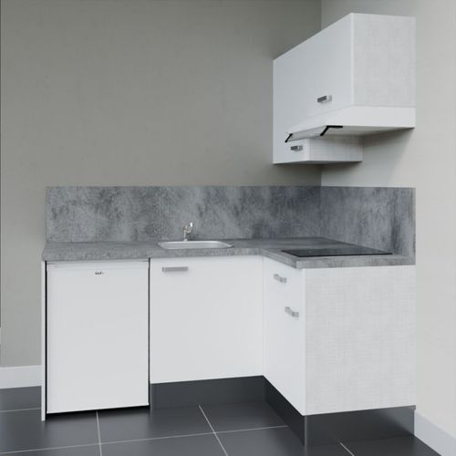 Kitchenette D'angle Ka02l-pt-façade Blanc-plan Gris Béton-evier Inox-crédences Oui+electro Blanc