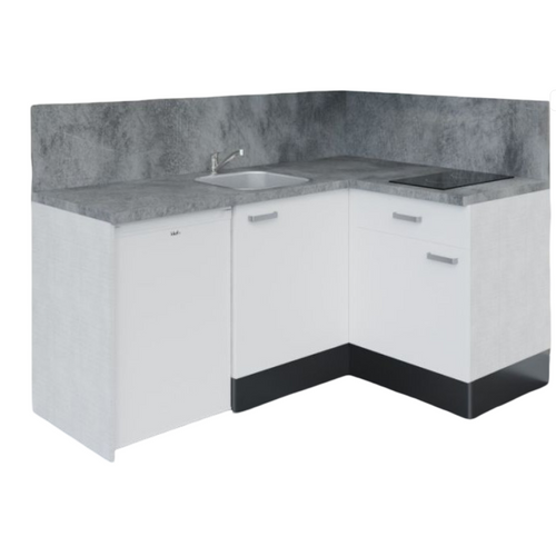 Kitchenette D'angle Ka02l-pt-façade Blanc-plan Gris Béton-evier Inox-crédences Oui+electro Blanc