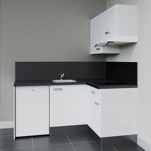 Kitchenette D'angle Ka02l-pt-façade Blanc-plan Noir Texturé-evier Inox-crédences Oui+electro Blanc