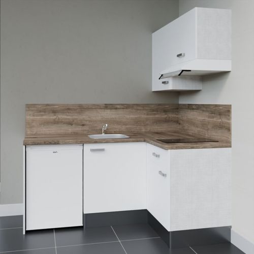 Kitchenette D'angle Ka02l-pt-façade Blanc-plan Bois-evier Inox-crédences Oui+electro Blanc