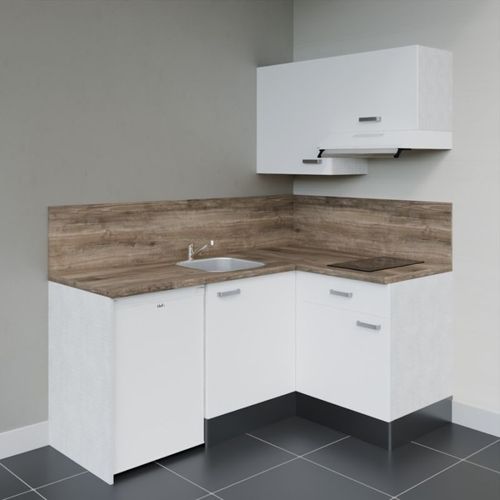 Kitchenette D'angle Ka02l-pt-façade Blanc-plan Bois-evier Inox-crédences Oui+electro Blanc