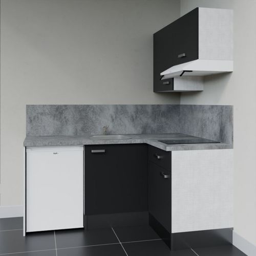 Kitchenette D'angle Ka02l-pt-façade Noir-plan Gris Béton-evier Inox-crédences Oui+electro Blanc