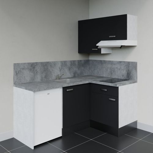 Kitchenette D'angle Ka02l-pt-façade Noir-plan Gris Béton-evier Inox-crédences Oui+electro Blanc
