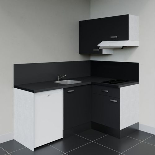 Kitchenette D'angle Ka02l-pt-façade Noir-plan Noir Texturé-evier Inox-crédences Oui+electro Blanc