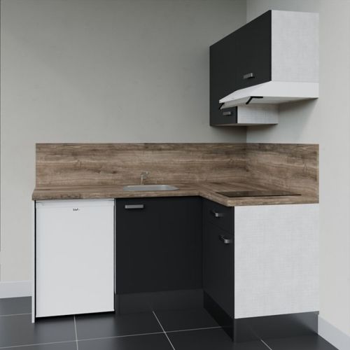Kitchenette D'angle Ka02l-pt-façade Noir-plan Bois-evier Inox-crédences Oui+electro Blanc