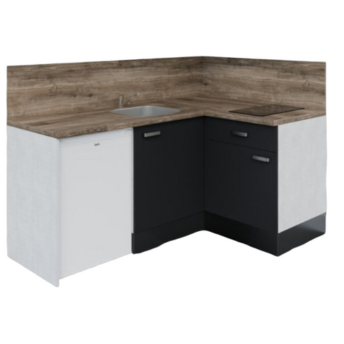 Kitchenette D'angle Ka02l-pt-façade Noir-plan Bois-evier Inox-crédences Oui+electro Blanc