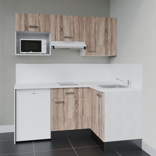 Kitchenette D'angle Ka03l-pt-façade Bois-plan Blanc-evier Inox-crédences Oui+electro Blanc