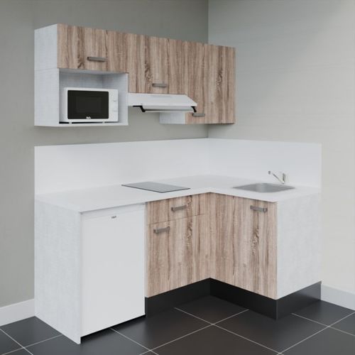 Kitchenette D'angle Ka03l-pt-façade Bois-plan Blanc-evier Inox-crédences Oui+electro Blanc