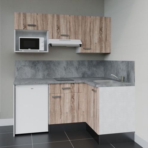 Kitchenette D'angle Ka03l-pt-façade Bois-plan Gris Béton-evier Inox-crédences Oui+electro Blanc
