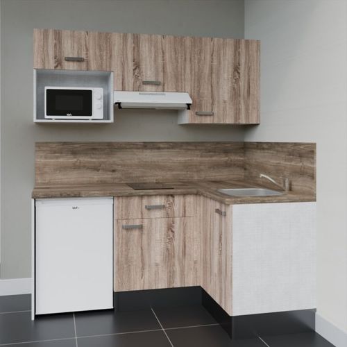 Kitchenette D'angle Ka03l-pt-façade Bois-plan Bois-evier Inox-crédences Oui+electro Blanc