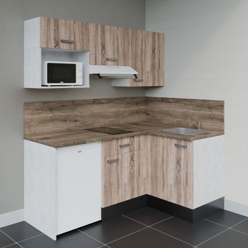 Kitchenette D'angle Ka03l-pt-façade Bois-plan Bois-evier Inox-crédences Oui+electro Blanc