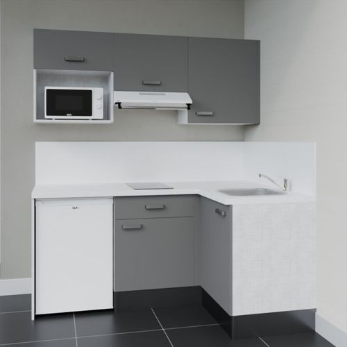 Kitchenette D'angle Ka03l-pt-façade Gris-plan Blanc-evier Inox-crédences Oui+electro Blanc