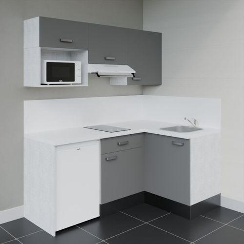 Kitchenette D'angle Ka03l-pt-façade Gris-plan Blanc-evier Inox-crédences Oui+electro Blanc