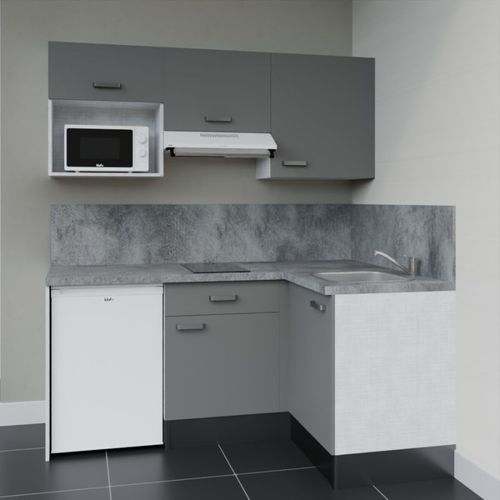 Kitchenette D'angle Ka03l-pt-façade Gris-plan Gris Béton-evier Inox-crédences Oui+electro Blanc