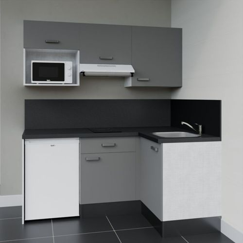 Kitchenette D'angle Ka03l-pt-façade Gris-plan Noir Texturé-evier Inox-crédences Oui+electro Blanc